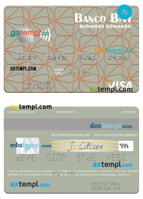 Angola Banco de Negócios Internacional business rewards visa card template in PSD format