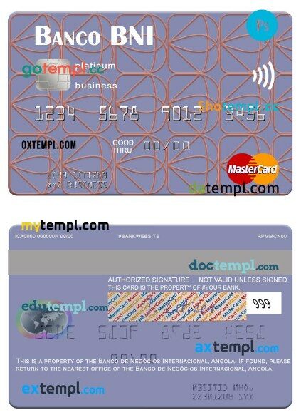 Angola Banco de Negócios Internacional platinum business mastercard template in PSD format