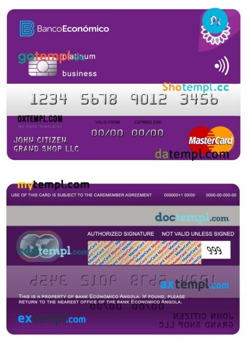 Angola Economio bank business platinum mastercard template in PSD format