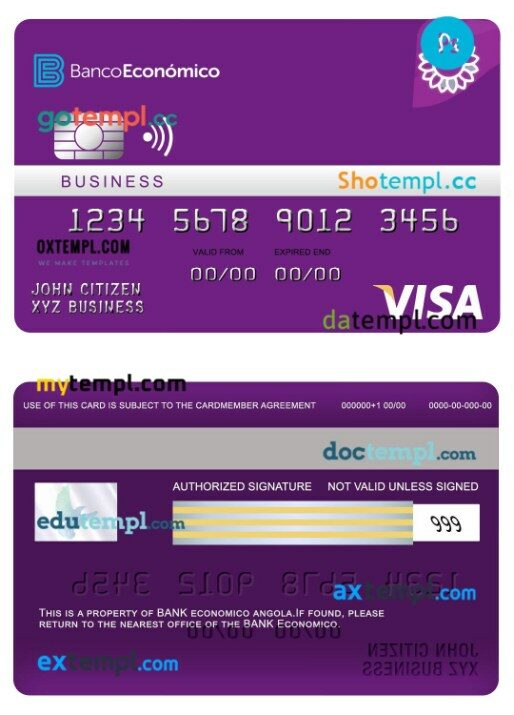 Angola Economio bank visa business card template in PSD format