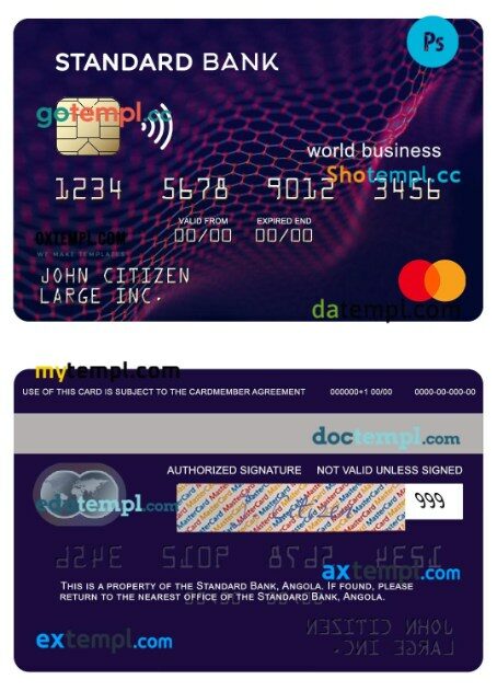 Angola Standard Bank world business mastercard template in PSD format