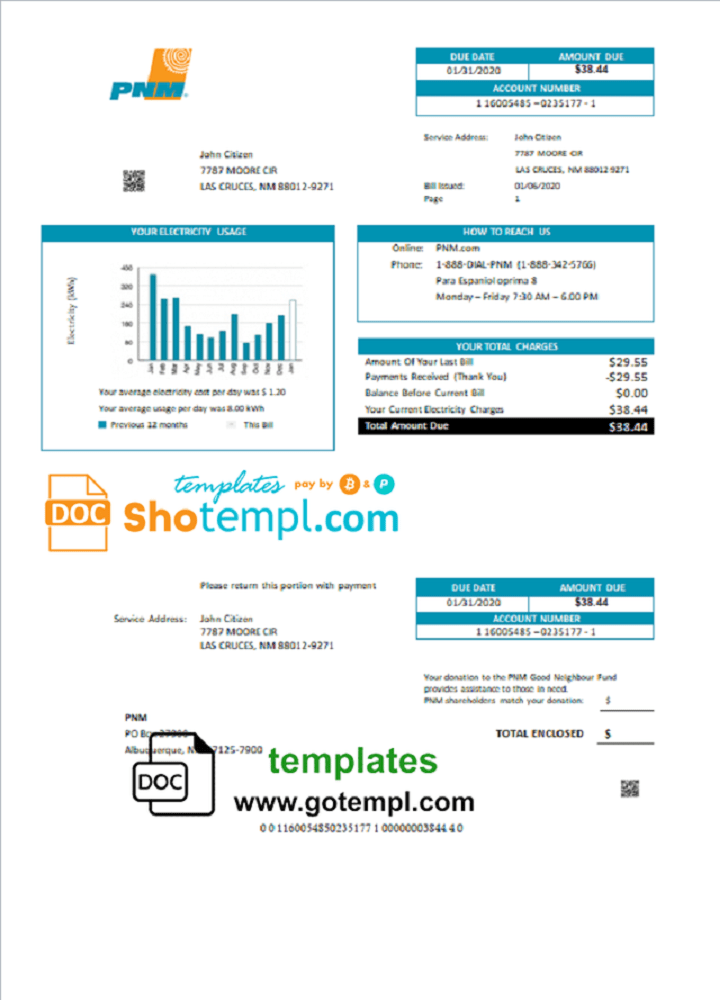 USA New Mexican PNM easy fillable utility bill download example in Word and PDF format (.doc and .pdf)