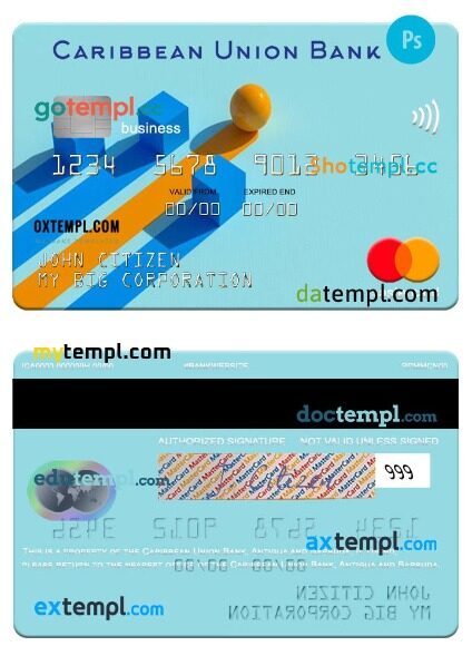 Antigua and Barbuda Caribbean Union Bank business mastercard template in PSD format