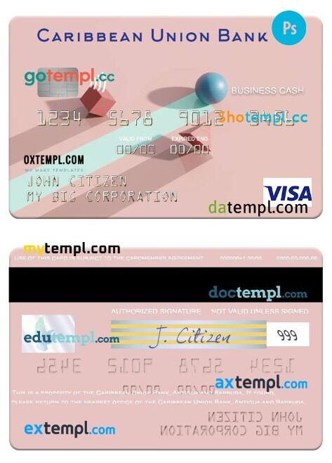 Antigua and Barbuda Caribbean Union Bank visa business cash card template in PSD format