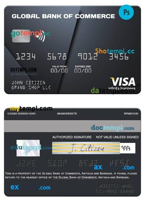 Antigua and Barbuda Global Bank of Commerce visa infinite business card template in PSD format