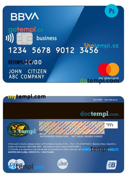Argentina BBVA bank business mastercard template in PSD format