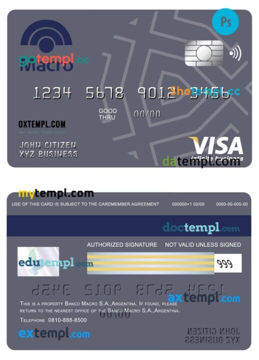Argentina Banco Macro S.A bank visa infinite business card template in PSD format