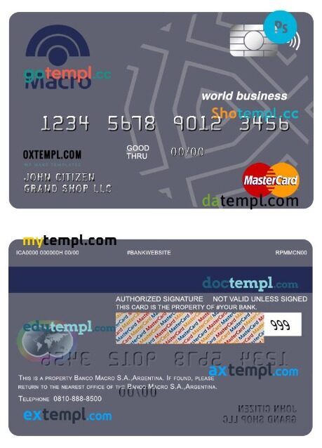 Argentina Banco Macro S.A bank world business mastercard template in PSD format