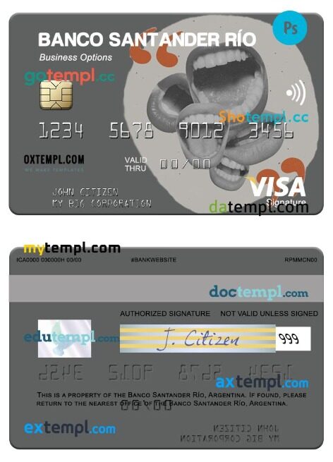 Argentina Banco Santander Río business visa signature card template in PSD format