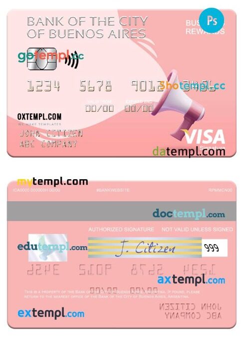 Argentina Bank of the City of Buenos Aires business rewards visa signature card template in PSD format
