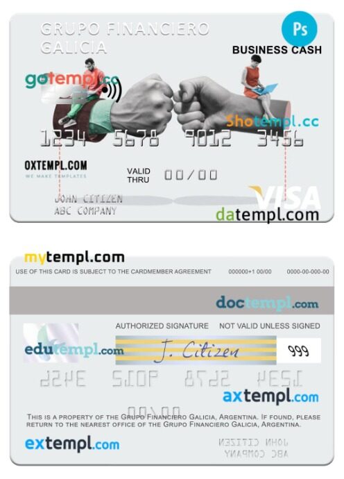 Argentina Grupo Financiero Galicia business cash visa card template in PSD format
