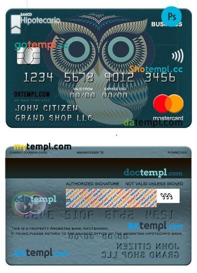 Argentina Hipotecario bank business mastercard template in PSD format