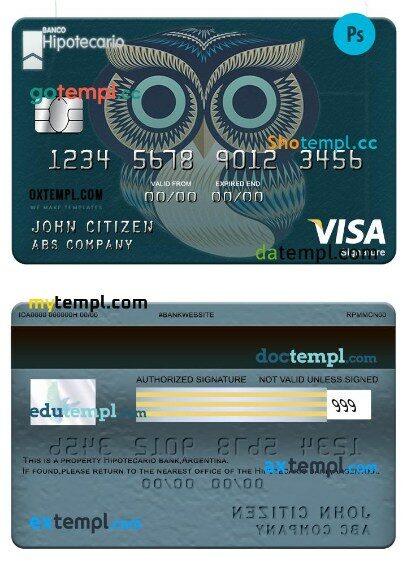 Argentina Hipotecario bank business visa signature card template in PSD format