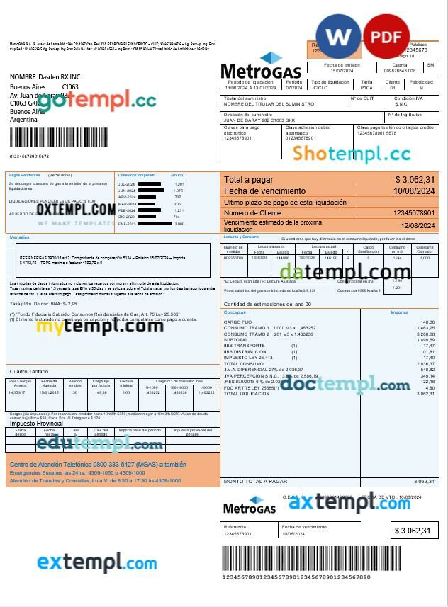 Argentina Metrogas easy to fill business utility bill template in Word and PDF formats