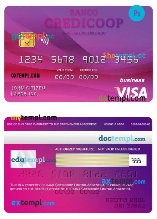 Argentina bank Credicoop visa business card template in PSD format