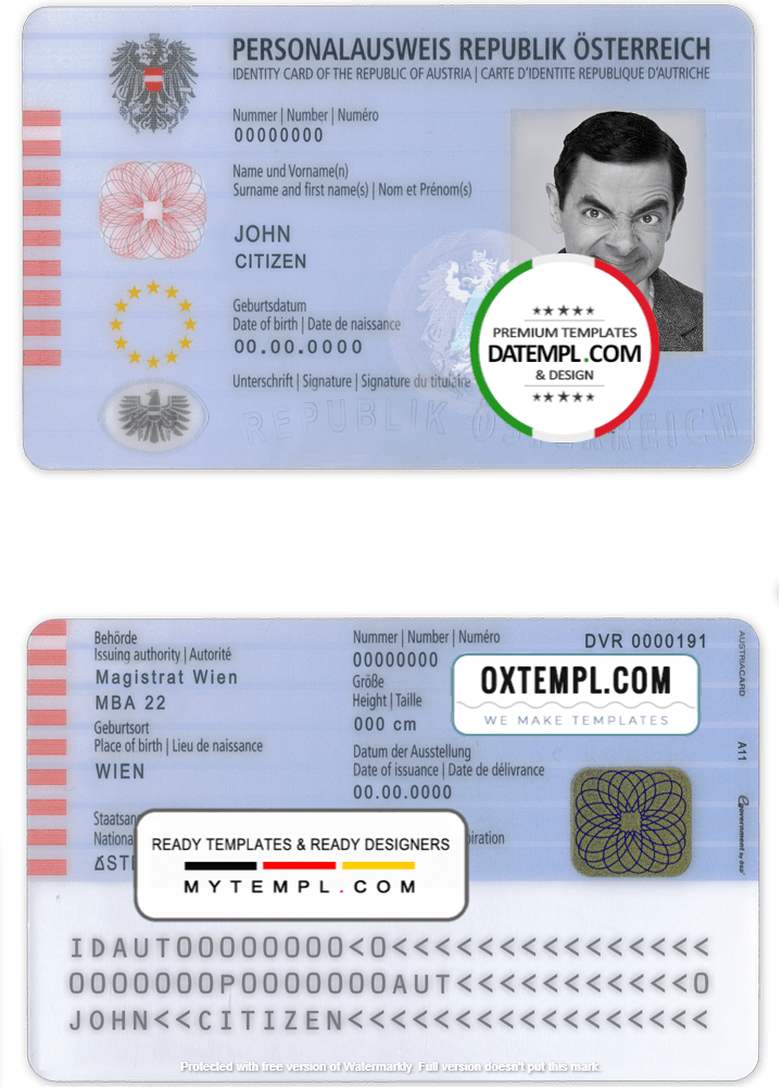 Austrian ID example in PSD format, fully editable, with all fonts
