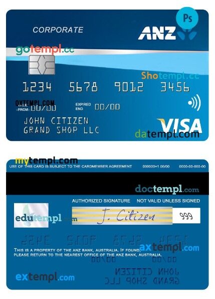 Australia ANZ Bank First credit visa corporate card template in PSD format