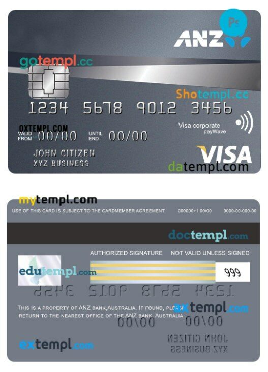 Australia ANZ Bank credit visa corporate paywave card template in PSD format