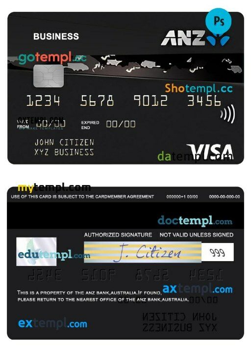 Australia ANZ Rewards Black credit visa business card template in PSD format