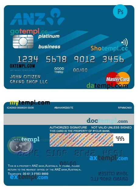 Australia Anz bank business platinum mastercard template in PSD format