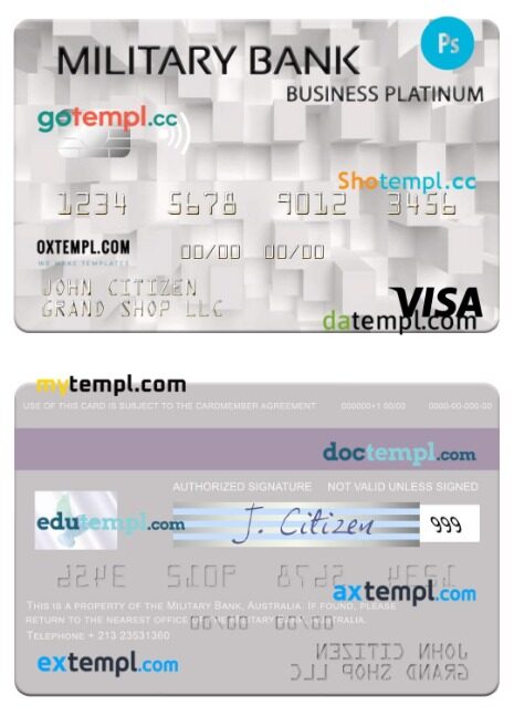 Australia Australian Military Bank business visa platinum card template in PSD format