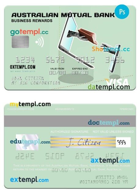 Australia Australian Mutual Bank business rewards visa card template in PSD format