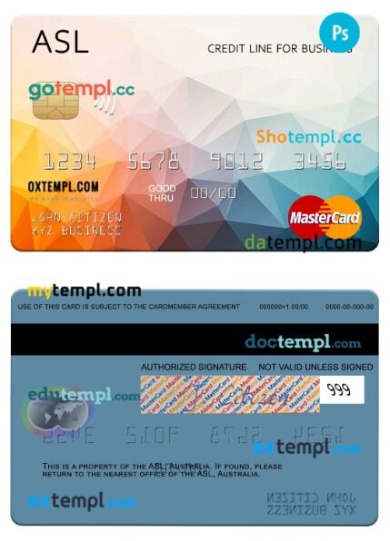 Australia Australian Settlements Limited (ASL) business credit mastercard template in PSD format