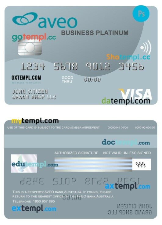 Australia Aveo bank business visa platinum card template in PSD format