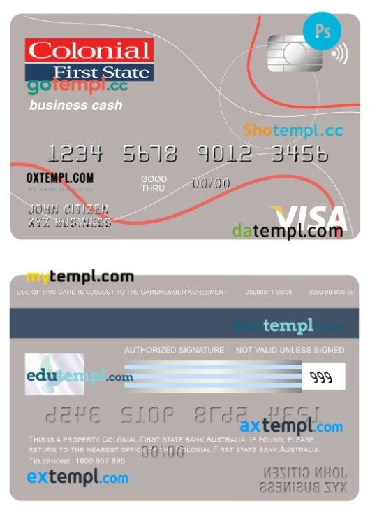Australia Colonial First state bank business cash visa card template in PSD format