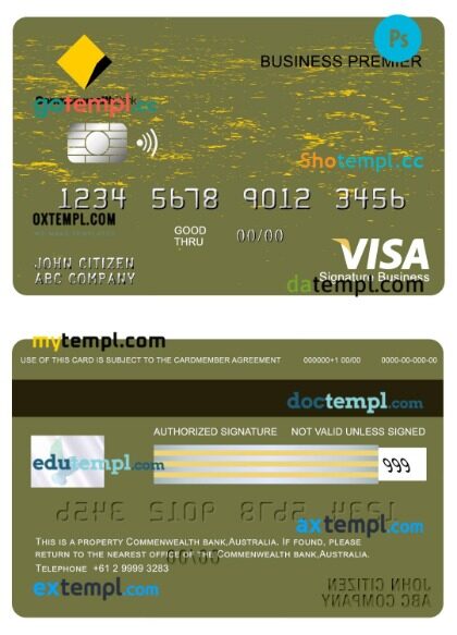 Australia Commonwealth bank business premier visa signature card template in PSD format