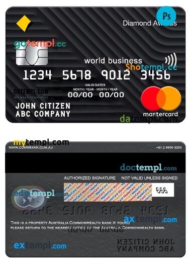 Australia Commonwealth bank world business mastercard template in PSD format
