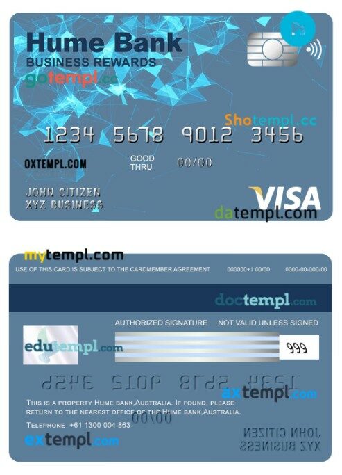 Australia Hume bank business rewards visa card template in PSD format