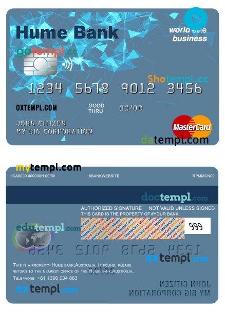 Australia Hume bank world elite business mastercard template in PSD format