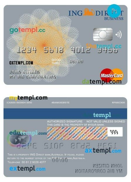Australia Ing Direct bank BUSINESS mastercard template in PSD format