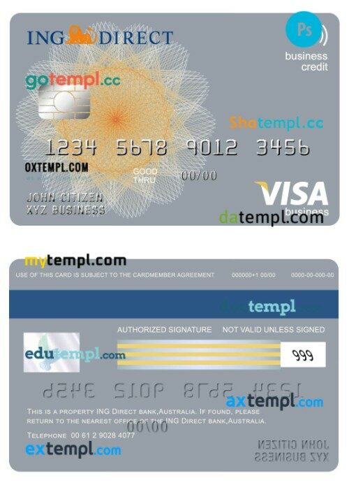 Australia Ing Direct bank business credit visa card template in PSD format