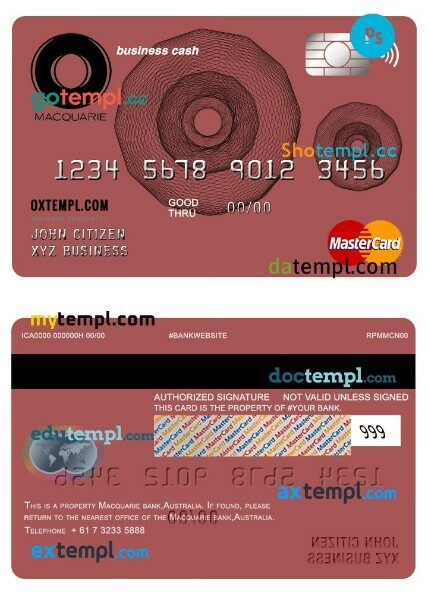 Australia Macquarie bank business cash mastercard template in PSD format