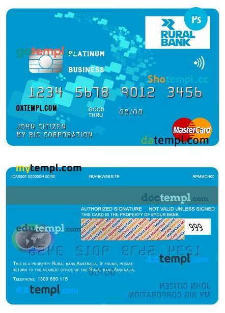 Australia Rural bank business platinum mastercard template in PSD format