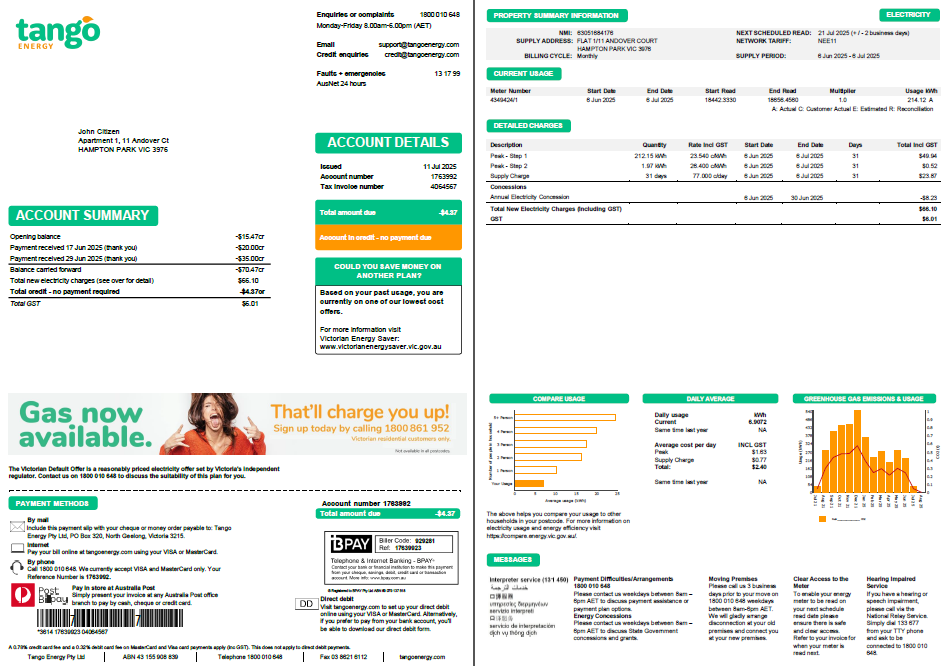 Australia Tango Energy utility bill template in Word and PDF formats, 2 pages Australia Tango Energy utility bill template in Word and PDF formats, 2 pages
