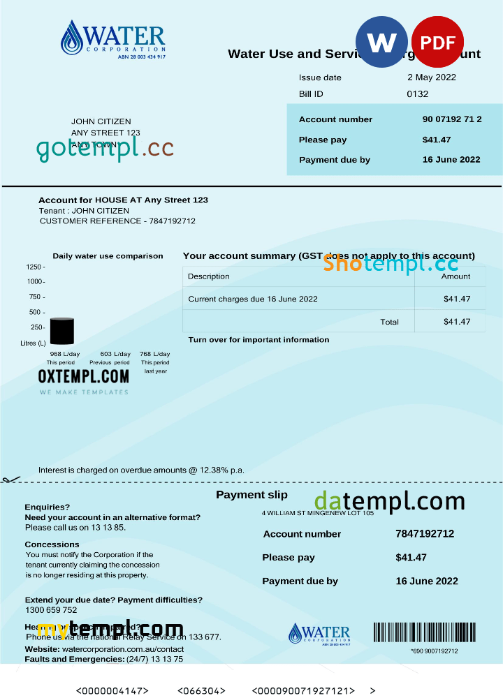 Australia Water Corporation WA utility bill download .doc and .pdf example