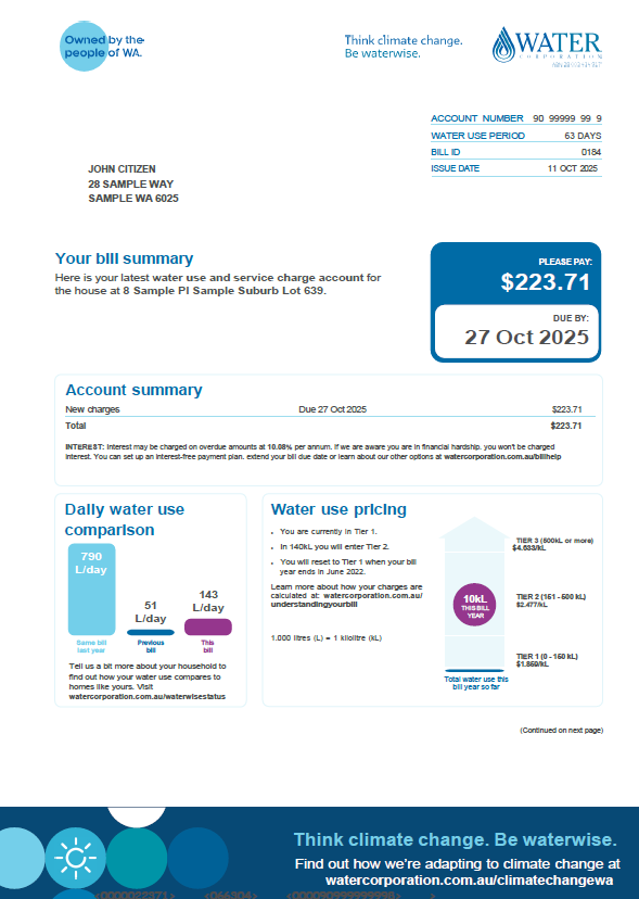 Australia Water Corporation utility bill template in Word and PDF formats Australia Water Corporation utility bill template in Word and PDF formats