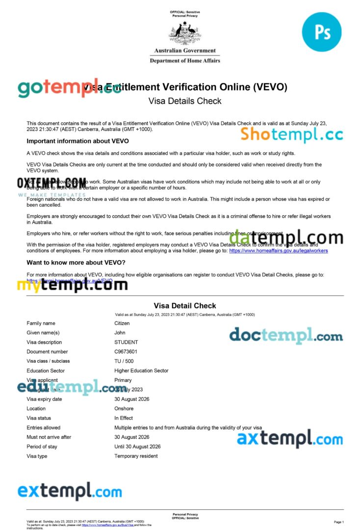 Australia visa entitlement verification online (VEVO) certificate template in PSD format