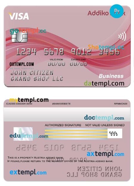 Austria Addiko bank visa business card template in PSD format