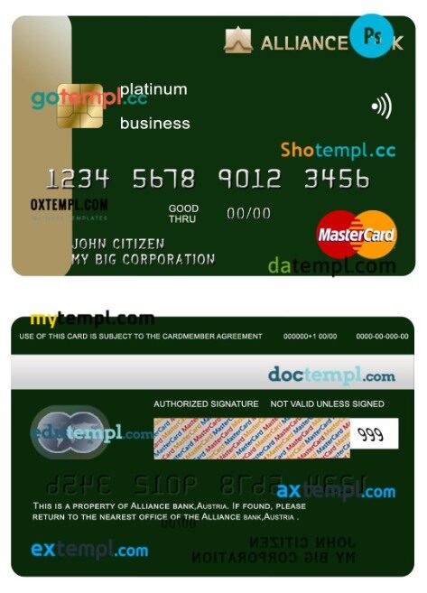 Austria Alliance bank business platinum mastercard template in PSD format