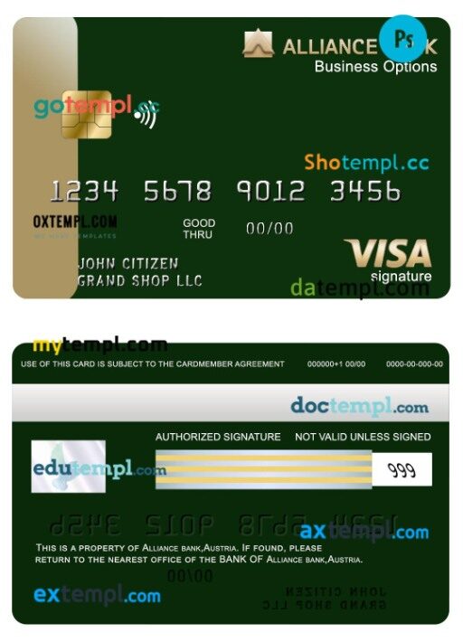 Austria Alliance bank business visa signature card template in PSD format