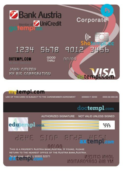 Austria Bank Austria corporate visa card template in PSD format
