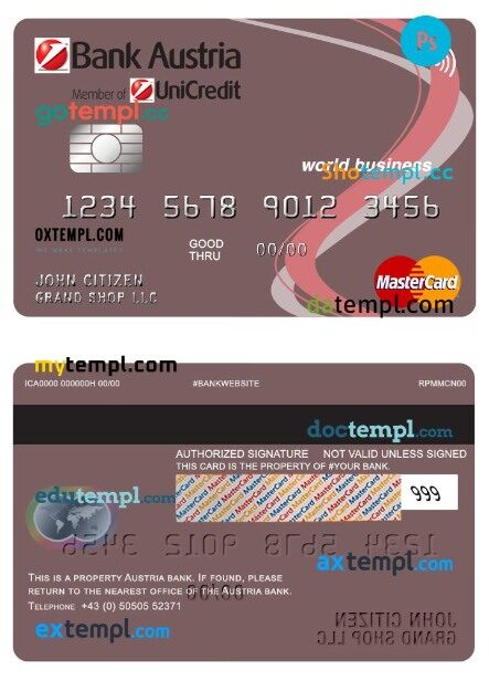 Austria Bank Austria world business mastercard template in PSD format