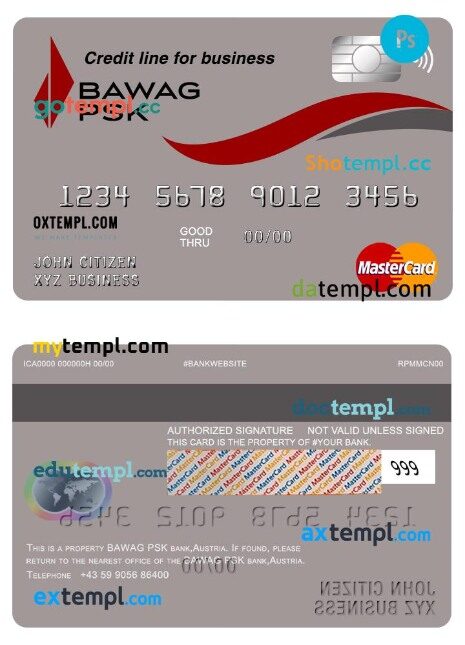 Austria Bawag PSK bank business credit mastercard template in PSD format