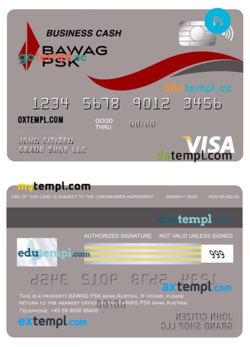 Austria Bawag PSK bank visa business cash card template in PSD format