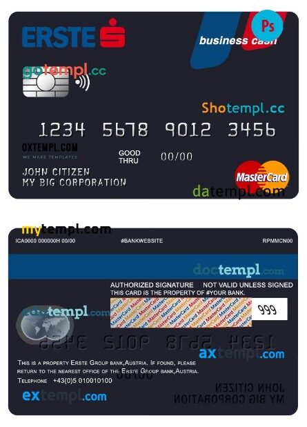 Austria Erste Group bank business cash mastercard template in PSD format