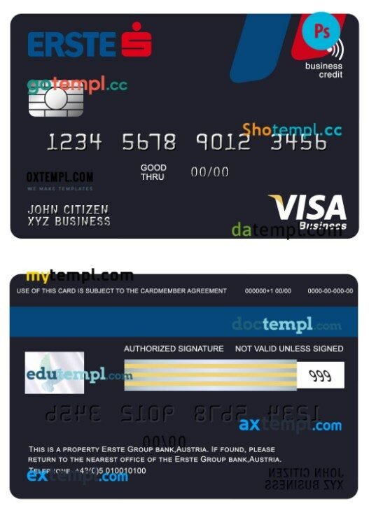Austria Erste group bank visa business credit card template in PSD format